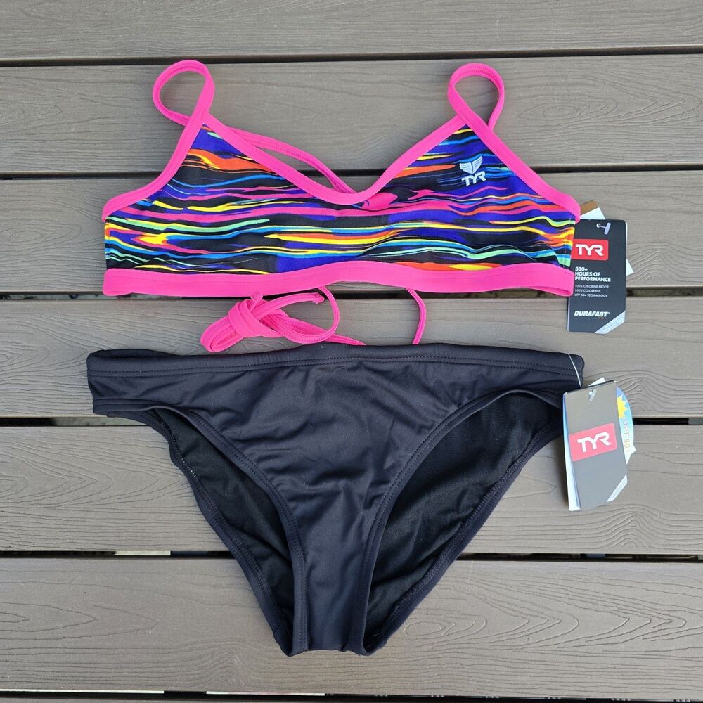 TYR Women's Durafast One Pink Fresno Tieback Top Workout Bikini Set Size L New